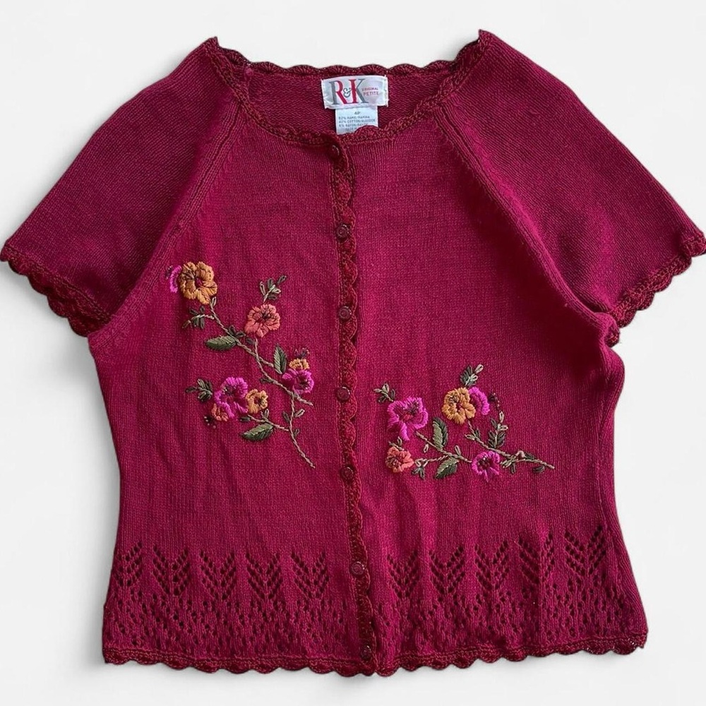 Vintage R&K Petite Burgundy Knit Embroidered Flowers Short Sleeve Sweater Blouse